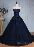 Navy Blue Lace Applique Tulle Long Party Dresses Formal Gown Off Shoulder Floor Length Prom Dresses