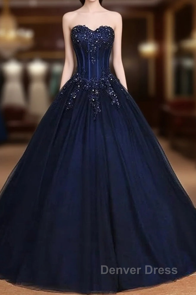 Navy Blue Lace Applique Tulle Long Party Dresses Formal Gown Off Shoulder Floor Length Prom Dresses