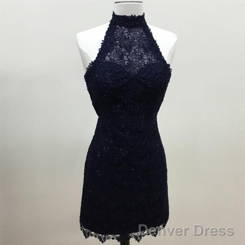 Navy Blue Lace Halter Bridesmaid Dresses Short Wedding Party Dresses