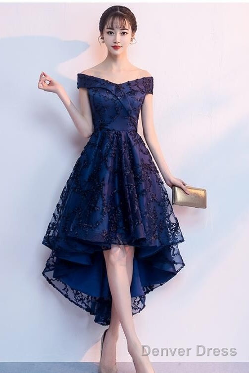 Navy Blue Lace High Low Chic Homecoming Dress, Beautiful Prom Dresses Main image
