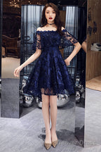 Navy Blue Lace High Low Party Dress Homecoming Dress, Navy Blue Prom Dress