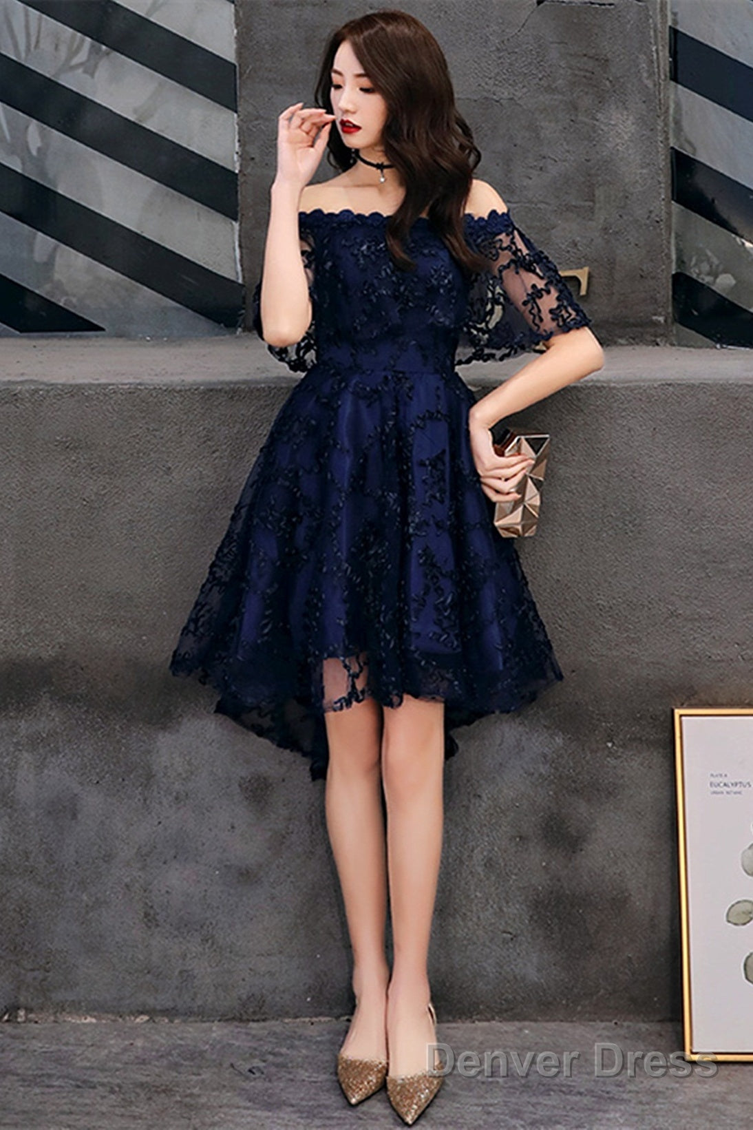Navy Blue Lace High Low Party Dress Homecoming Dress, Navy Blue Prom Dress Main image