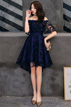 Navy Blue Lace High Low Party Dress Homecoming Dress, Navy Blue Prom Dress