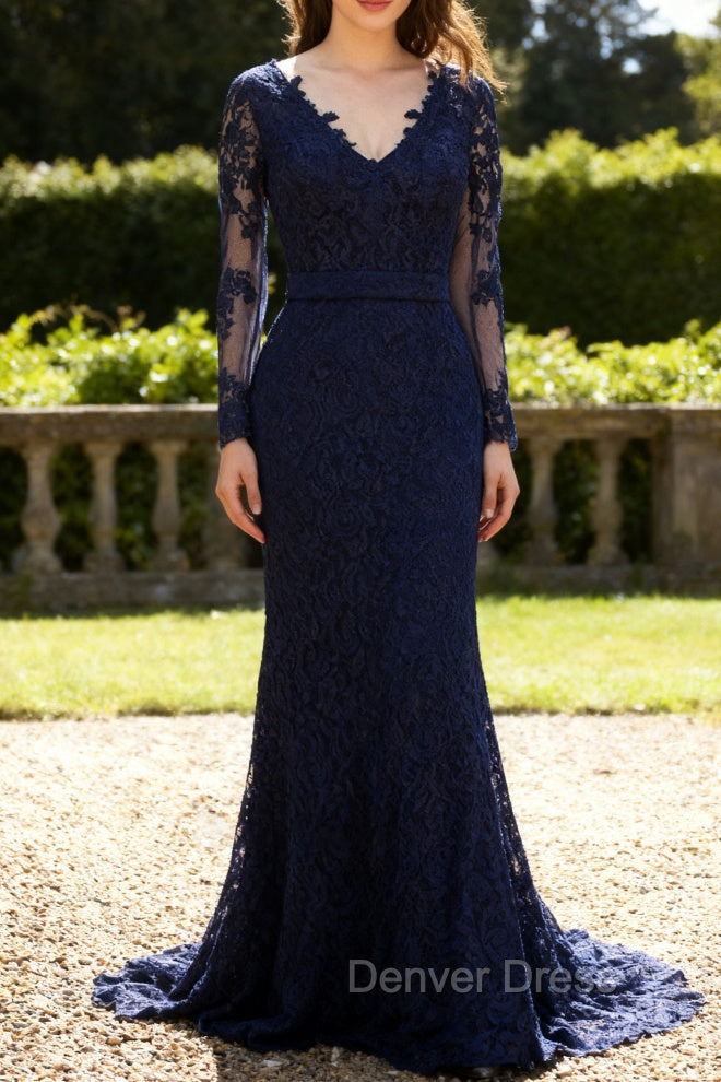 Navy Blue Lace Long Sleeves Applique Mermaid Long Fromal Prom Dress Main image