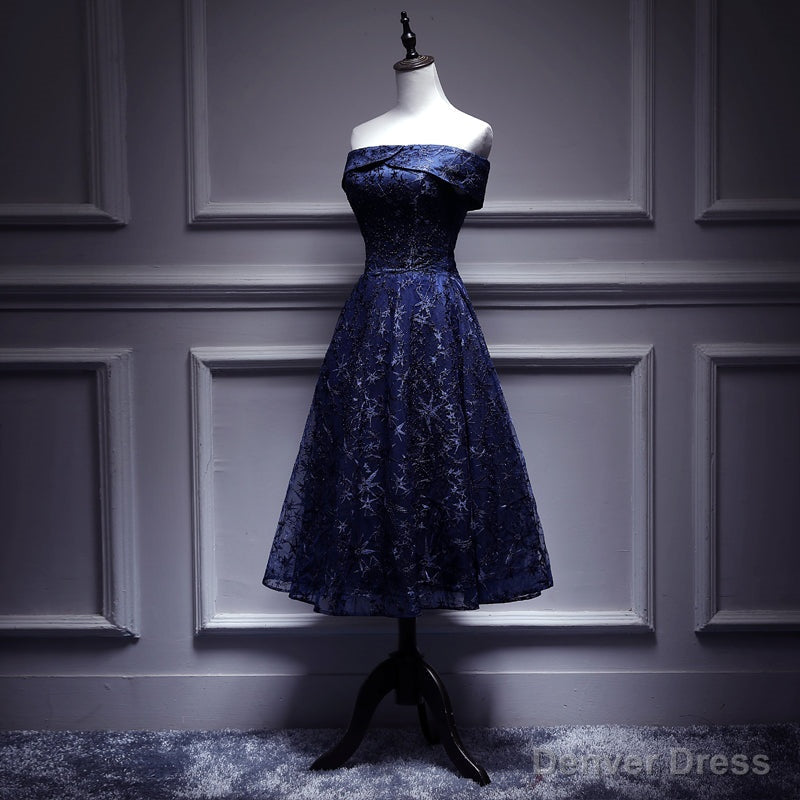 Navy Blue Lace Off Shoulder Wedding Prom Dress Bridesmaid Dress,Blue Prom Dresses Main image