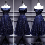 Navy Blue Lace Off Shoulder Wedding Prom Dress Bridesmaid Dress,Blue Prom Dresses