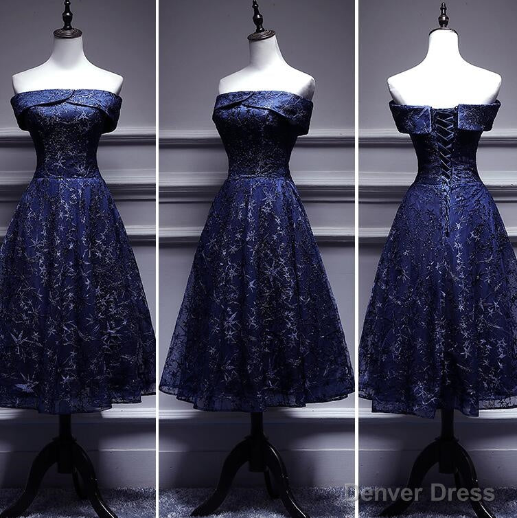 Navy Blue Lace Off Shoulder Wedding Prom Dress Bridesmaid Dress,Blue Prom Dresses