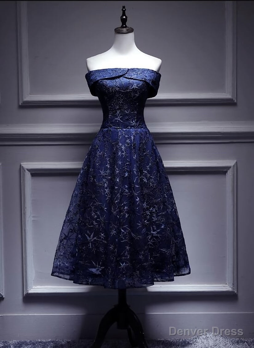 Navy Blue Lace Off Shoulder Wedding Prom Dress Bridesmaid Dress,Blue Prom Dresses Secondary image
