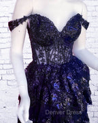 Navy Blue Lace Ruffle Homecoming Dresses