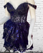 Navy Blue Lace Ruffle Homecoming Dresses