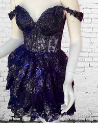 Navy Blue Lace Ruffle Homecoming Dress