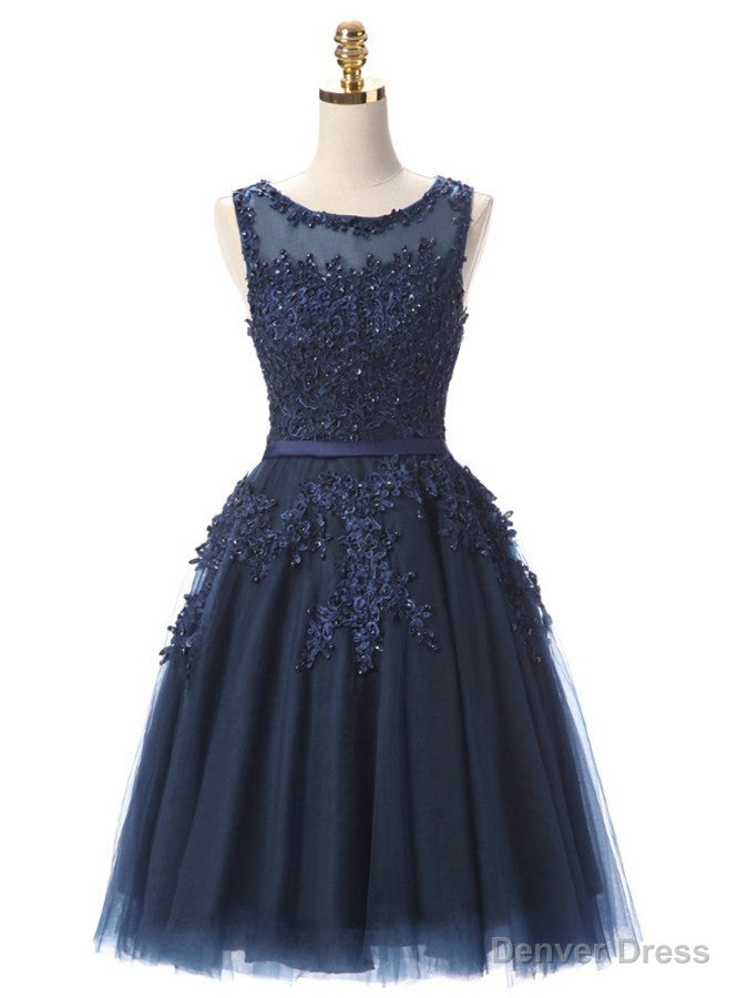 Navy Blue Lace Short Beaded Homecoming Dresses