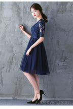 Navy Blue Lace Short Sleeves Tulle Short Homecoming Dress, Blue Tulle Prom Dress Formal Dress
