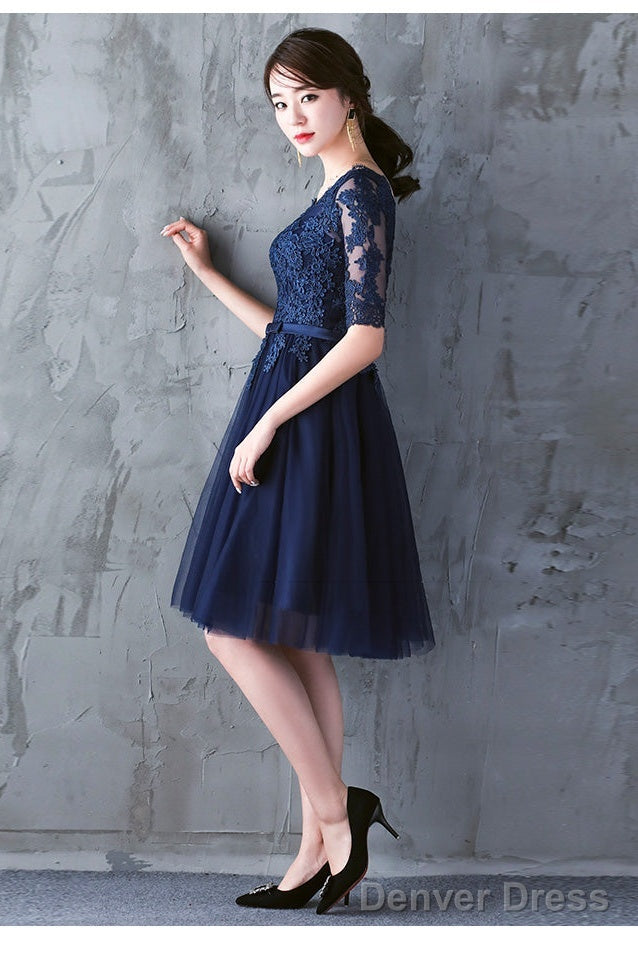Navy Blue Lace Short Sleeves Tulle Short Homecoming Dress, Blue Tulle