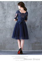 Navy Blue Lace Short Sleeves Tulle Short Homecoming Dress, Blue Tulle Prom Dress