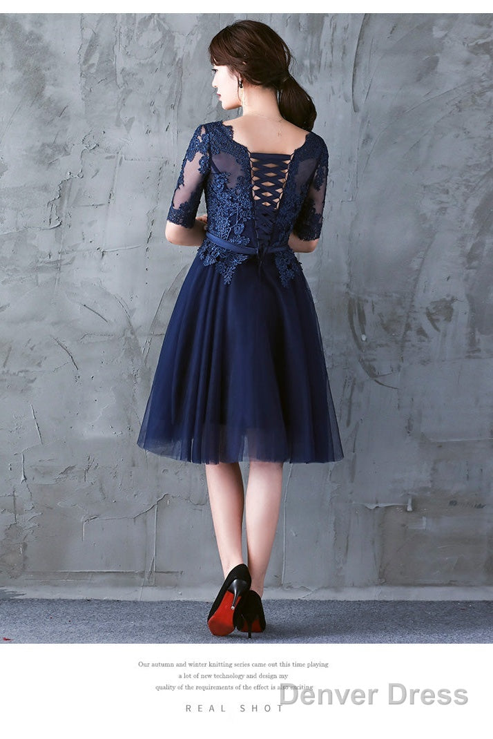 Navy Blue Lace Short Sleeves Tulle Short Homecoming Dress, Blue Tulle Prom Dress
