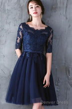 Navy Blue Lace Short Sleeves Tulle Short Homecoming Dress, Blue Tulle Prom Dress