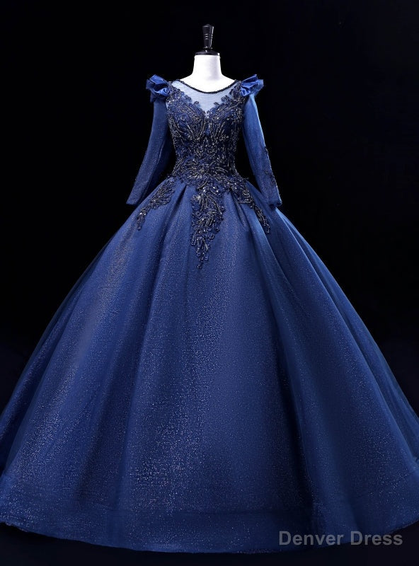 Navy Blue Long Sleeve Beading Sequins Quinceanera Dresses