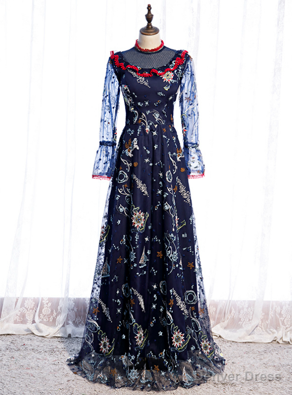 Navy Blue Long Sleeve Embroidery High Neck Prom Dresses
