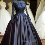 Navy Blue Long Sleeve Prom Dresses Appliques Beaded Ball Gown