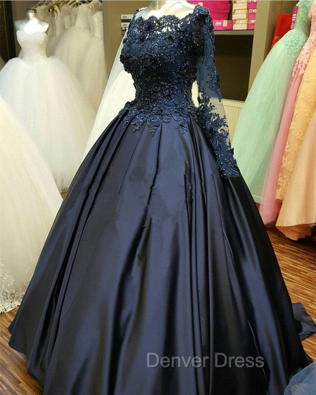 Navy Blue Long Sleeve Prom Dresses Appliques Beaded Ball Gown