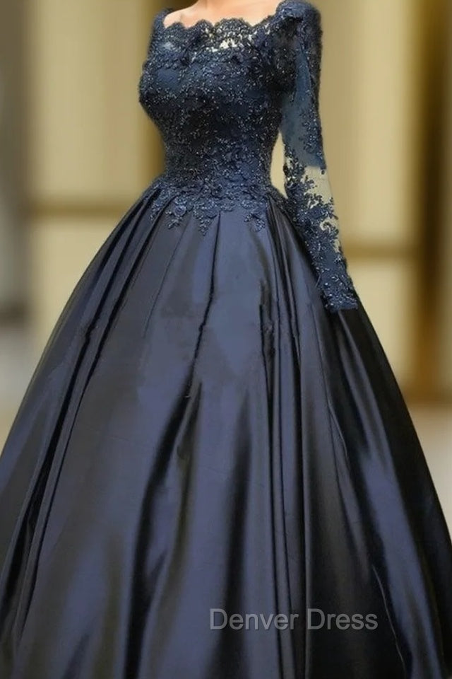 Navy Blue Long Sleeve Prom Dresses Appliques Beaded Ball Gown Main image