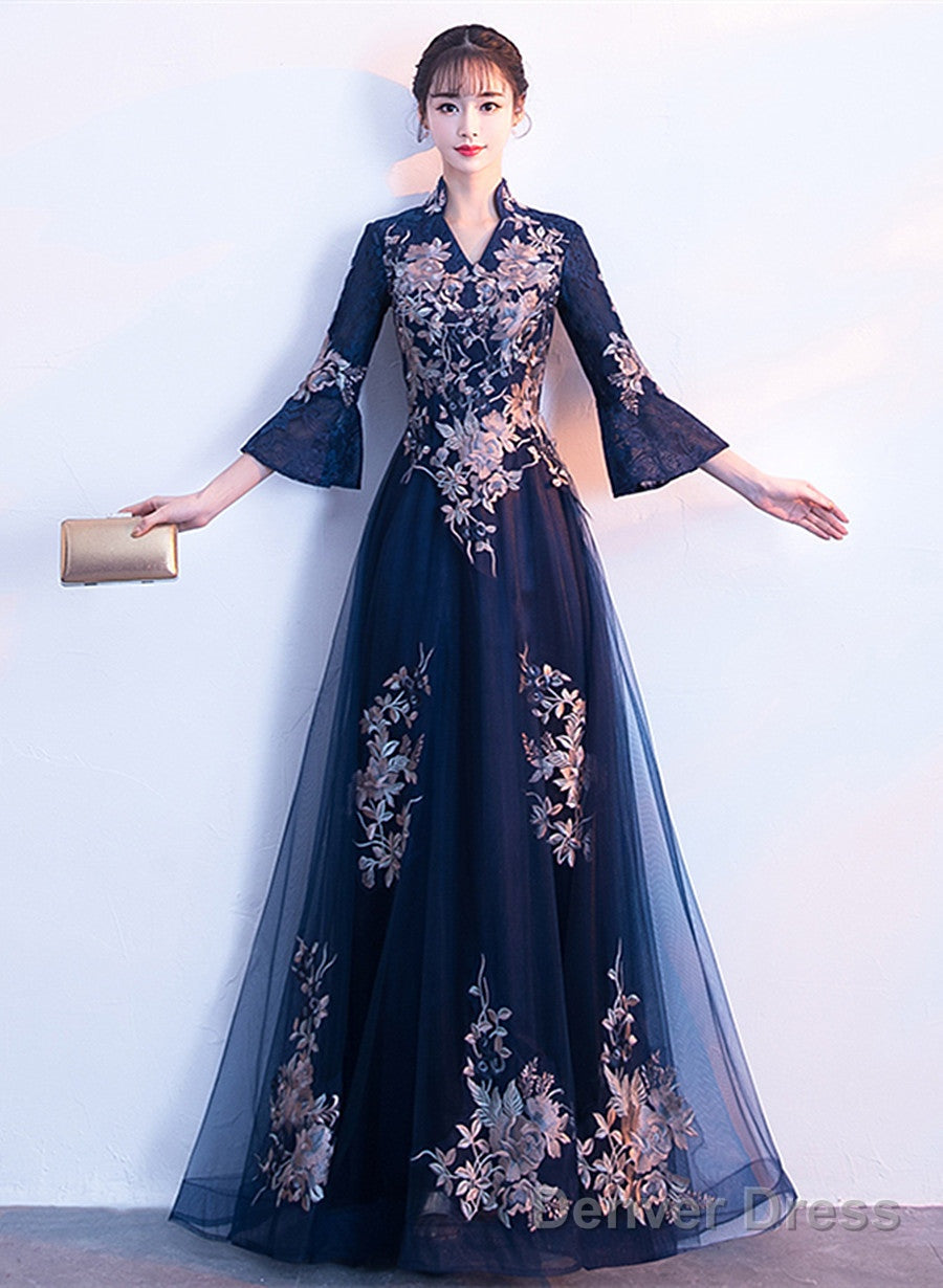 Navy Blue Long Sleeves A-Line Party Dress, Navy Blue Bridesmaid Dress Prom Dress Main image