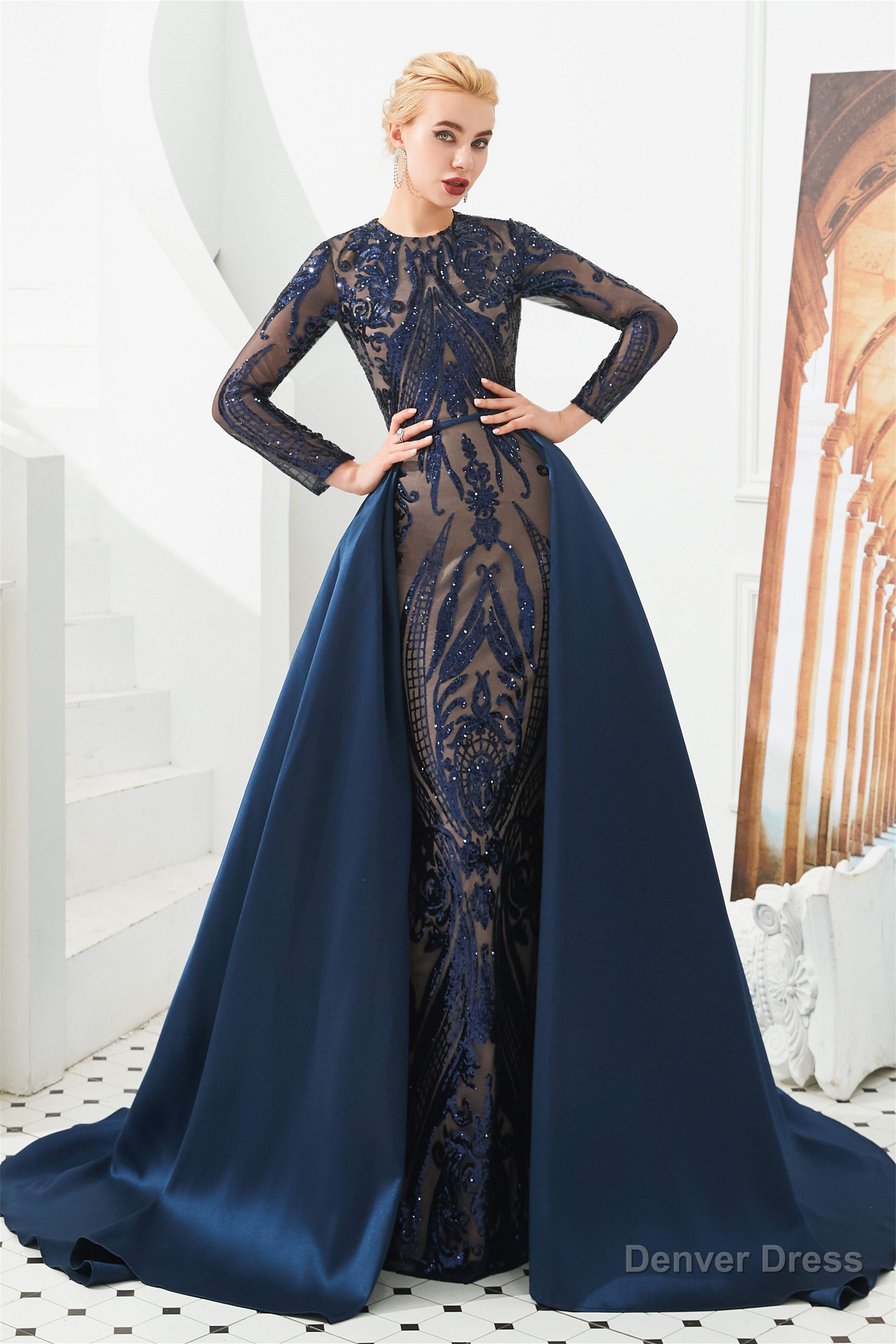 Long Sleeves Mermaid Detachable Train Prom Dresses with Train Sequined Main image