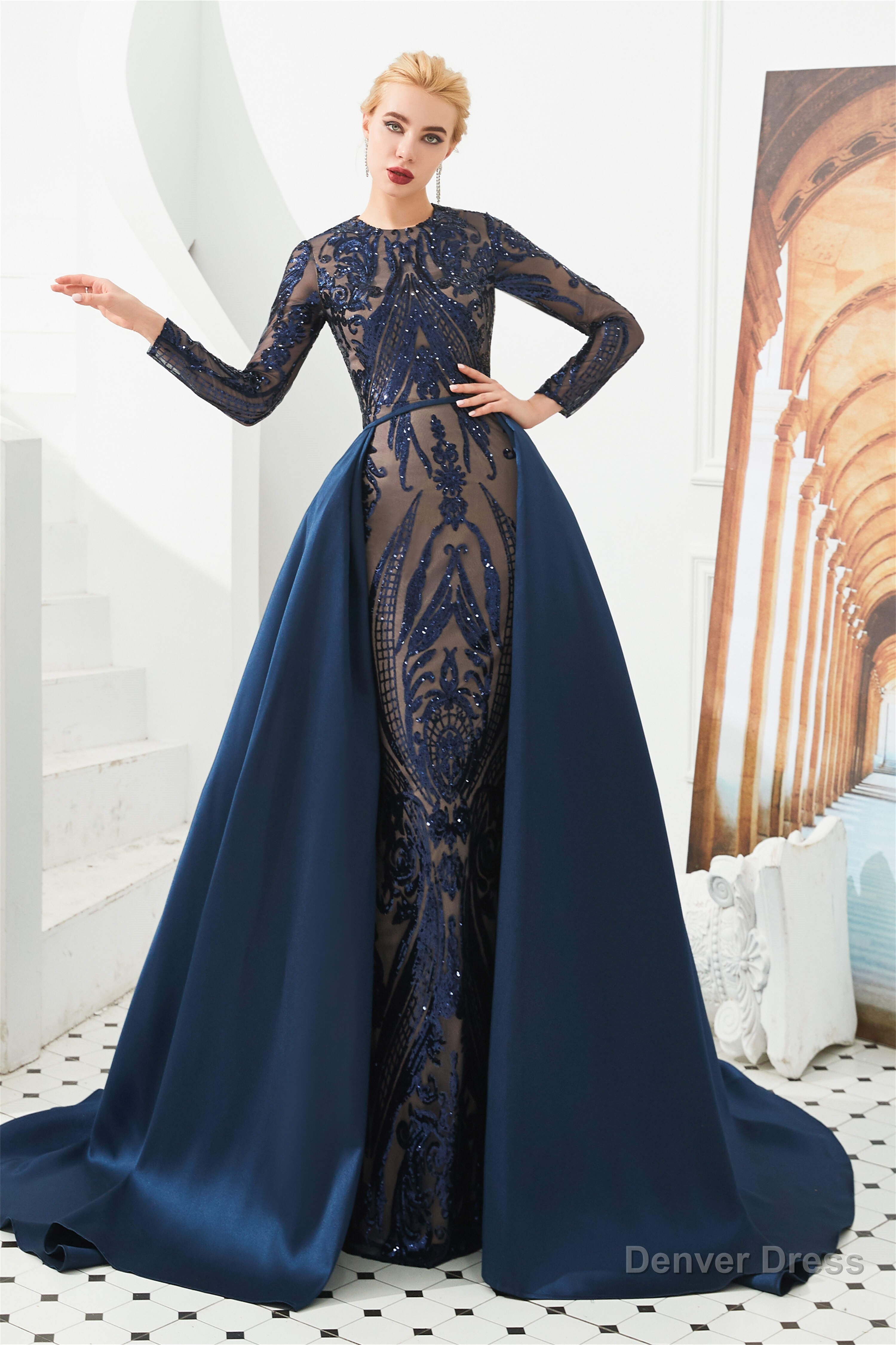 Long Sleeves Mermaid Detachable Train Prom Dresses with Train Sequined Secondary image