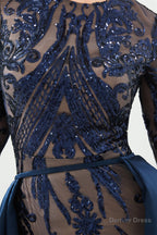 Long Sleeves Mermaid Detachable Train Prom Dresses with Train Sequined