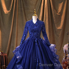 Navy Blue Long Sleeves Party Dress Prom Dress, Tulle With Lace Formal Dresses