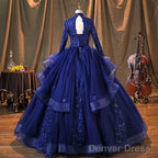 Navy Blue Long Sleeves Party Dress Prom Dress, Tulle With Lace Formal Dresses