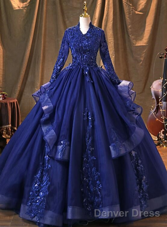 Navy Blue Long Sleeves Party Dress Prom Dress, Tulle With Lace Formal Dresses Main image