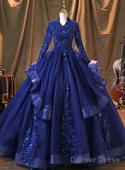 Navy Blue Long Sleeves Party Dress Prom Dress, Tulle With Lace Formal Dresses