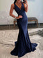 Navy Blue Mermaid Deep V-Neck Beaded Satin Long Prom Dress