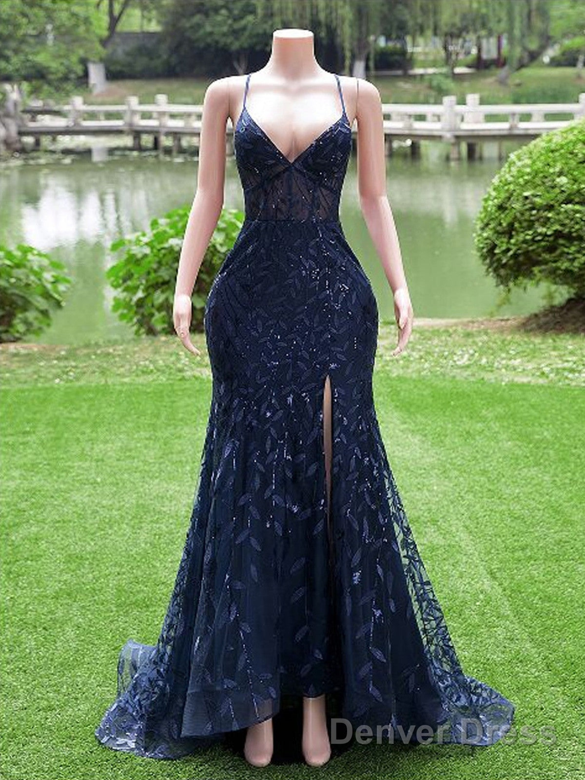 Navy Blue Mermaid Long Prom Dress With Leg Slit, Navy Blue Party Dress Main image