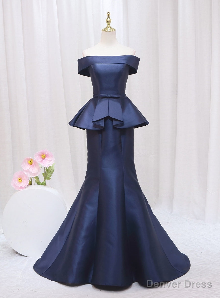 Navy Blue Mermaid Satin Off the Shoulder Prom Dress Main image