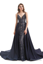 Mermaid Sequins Spaghetti Straps Prom Dresses With Detachable Train