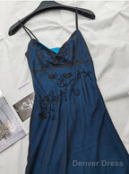 Navy Blue Mermaid Spaghetti Strap Tulle Beading Long Prom Dress V-Neck Graduation Prom Adult Ceremony Dress