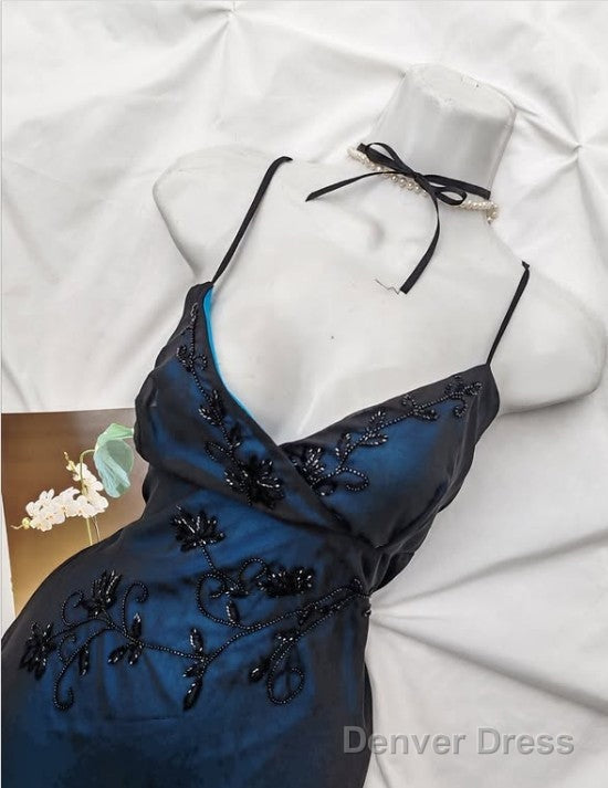 Navy Blue Mermaid Spaghetti Strap Tulle Beading Long Prom Dress V-Neck Graduation Prom Adult Ceremony Dress