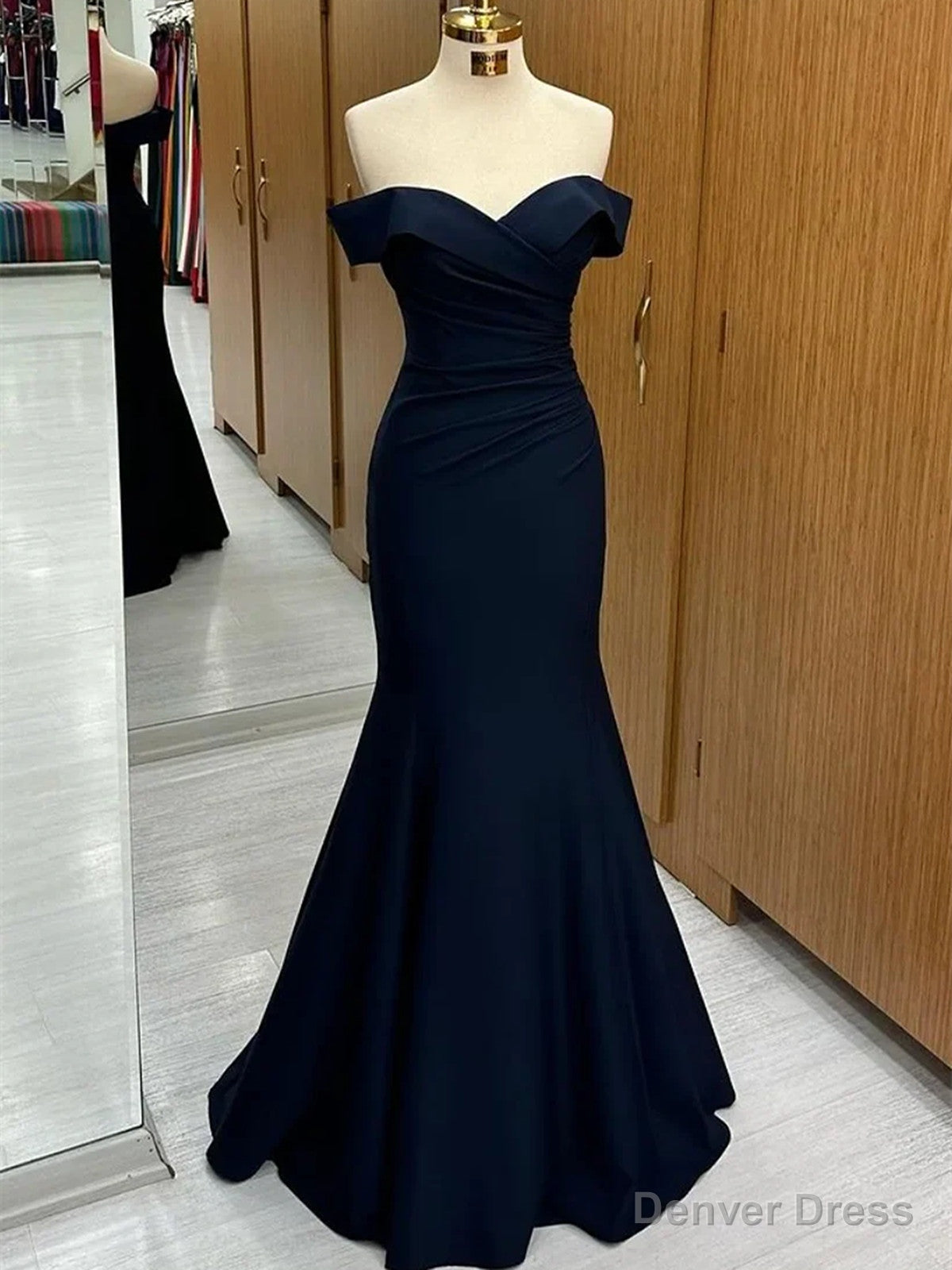 Navy Blue Mermaid Spandex Off Shoulder Party Dress, Navy Blue Prom Dress Main image