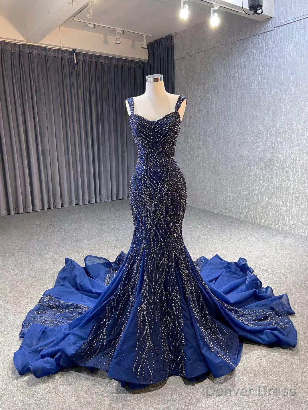 Navy Blue Mermaid Straps Beading Prom Dresses Main image