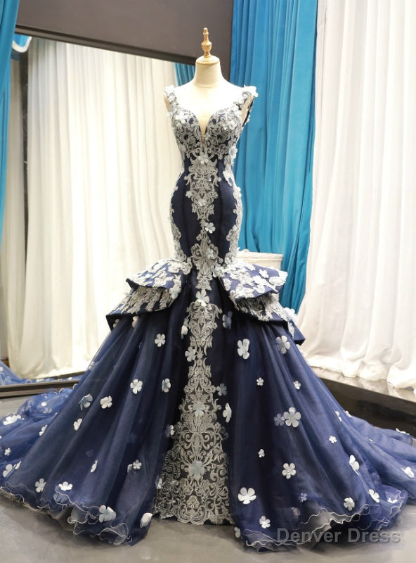 Navy Blue Mermaid Tulle Lace Appliques V Neck Backless Prom Dresses