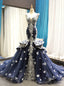 Navy Blue Mermaid Tulle Lace Appliques V Neck Backless Prom Dresses