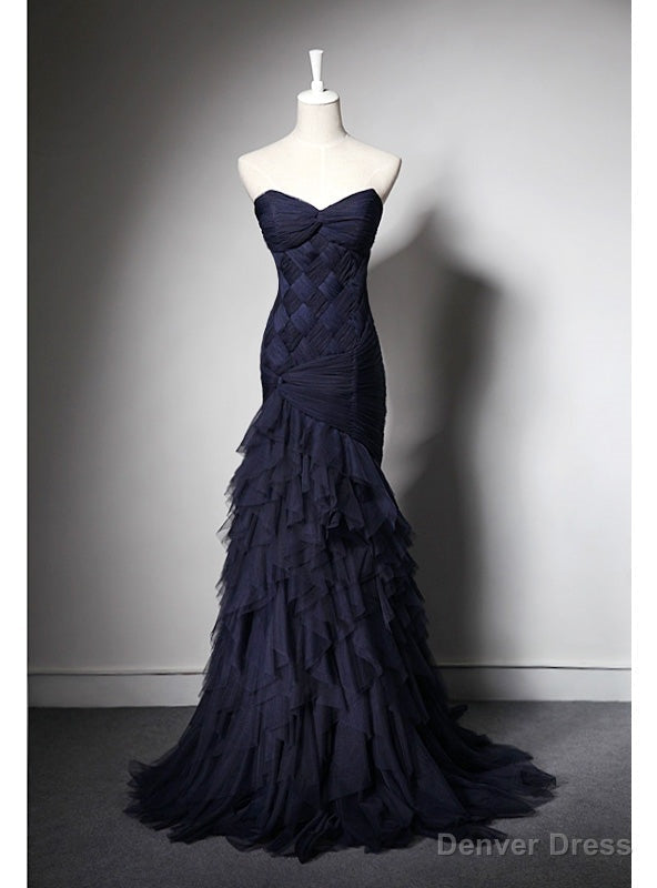 Navy Blue Mermaid Tulle Strapless Pleats Prom Dresses
