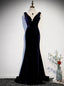 Navy Blue Mermaid Velvet See Through V Neck Prom Dresses