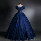 Navy Blue Off Shoulder Ball Gowns Tulle with Lace Sweet 16 Gowns, Quinceanera Dresses