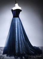 Navy Blue Off Shoulder Long Prom Dress, Long Prom Dresses
