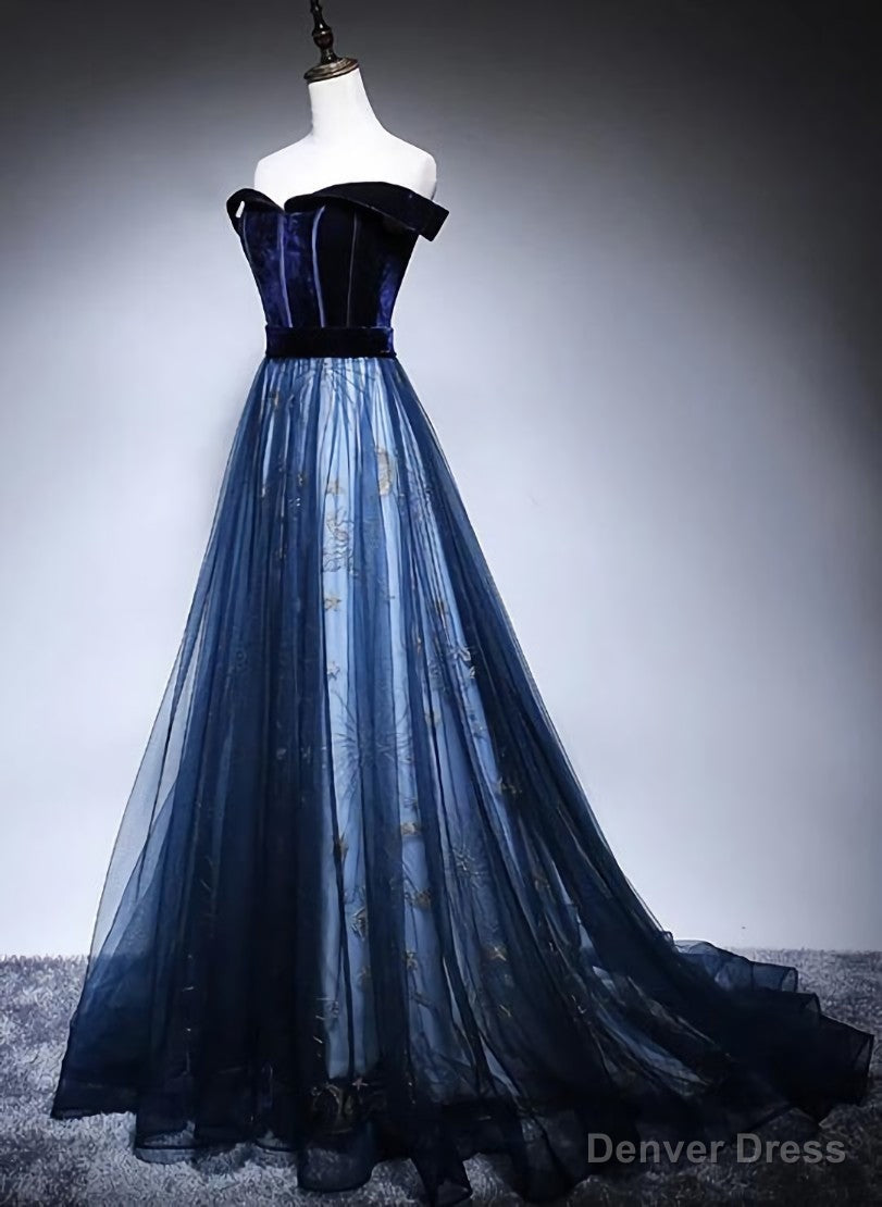 Navy Blue Off Shoulder Long Prom Dress, Long Prom Dresses