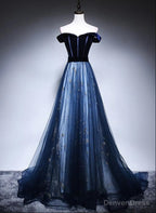 Navy Blue Off Shoulder Long Prom Dress, Long Prom Dresses